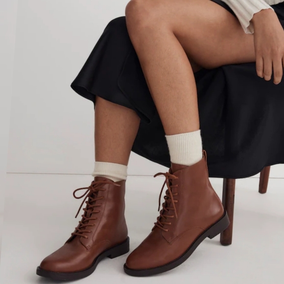 Madewell Evelyn Lace Up Ankle Boots Brown Leather Size 7.5 Combat Boot Style - Picture 1 of 11
